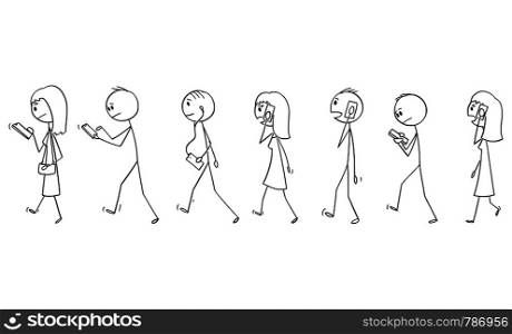 Vector cartoon stick figure drawing conceptual illustration of set of group of people or pedestrians walking on the street and using mobile phones or cell phones.. Vector Cartoon of Set of Crowd of People Walking on the Street and Using Mobile Phones or Cellphones