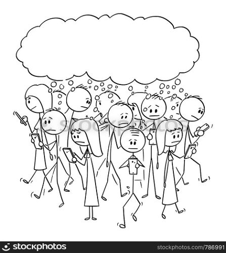 Vector cartoon stick figure drawing conceptual illustration of set of group of people or pedestrians walking on the street, and using mobile phones or cell phones and thinking together on something.. Vector Cartoon of Set of Crowd of People Walking on the Street and Using Mobile Phones or Cellphones and Thinking on Something
