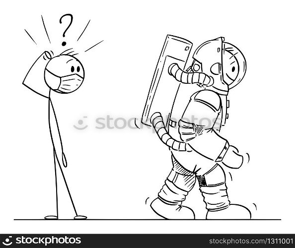 Vector cartoon stick figure drawing conceptual illustration of shocked man in face mask watching astronaut wearing space suit as coronavirus covid-19 protective suit.. Vector Cartoon Illustration of Shocked Man in Face Mask Looking at Astronaut Wearing Space Suit as Protective Suit Against Coronavirus Covid-19
