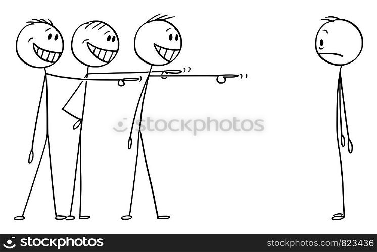 Vector cartoon stick figure drawing conceptual illustration of shocked man or businessman who made some mistake and now is object or mockery or ridicule.. Vector Cartoon of Man or Businessman Who Made Some Mistake and Now is Object of Ridicule or Mockery