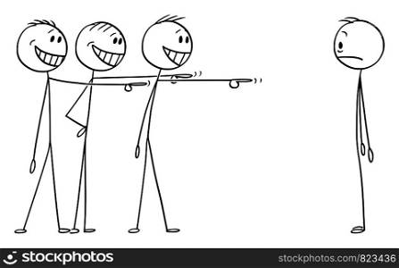 Vector cartoon stick figure drawing conceptual illustration of shocked man or businessman who made some mistake and now is object or mockery or ridicule.. Vector Cartoon of Man or Businessman Who Made Some Mistake and Now is Object of Ridicule or Mockery