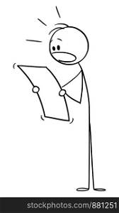Vector cartoon stick figure drawing conceptual illustration of shocked man or businessman reading document.. Vector Cartoon of Shocked Man or Businessman Reading Document