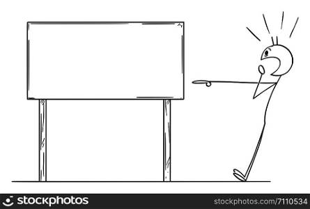 Vector cartoon stick figure drawing conceptual illustration of shocked man pointing on empty sign. There is place for your text.. Vector Cartoon of Shocked Man Pointing at Empty Sign
