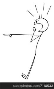 Vector cartoon stick figure drawing conceptual illustration of shocked man pointing on something. There is place for your text.. Vector Cartoon of Shocked Man Pointing at Something
