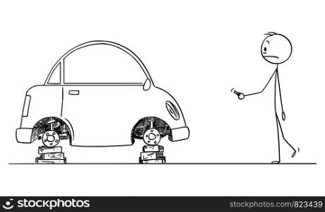 Vector cartoon stick figure drawing conceptual illustration of shocked man who found his car without wheels and tyres.. Vector Cartoon of Shocked Man Who Found His Car Without Wheels and Tyres