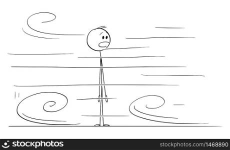 Vector cartoon stick figure drawing conceptual illustration of shocked or surprised man looking at something very fast moving around him.. Vector Cartoon Illustration of Shocked or Surprised Man Looking at Something Very Fast Moving Around Him
