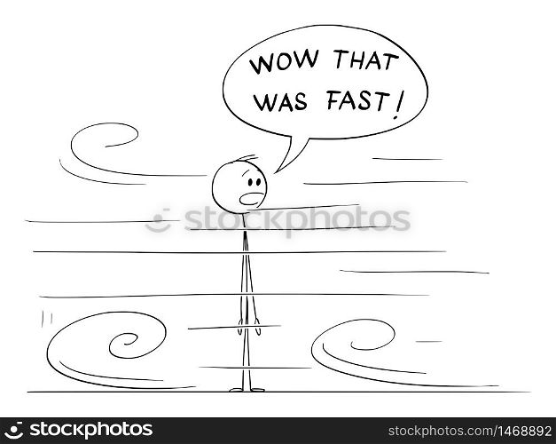 Vector cartoon stick figure drawing conceptual illustration of shocked or surprised man looking at something very fast moving around him. He say Wow that was fast.. Vector Cartoon Illustration of Shocked or Surprised Man Looking at Something Very Fast Moving Around Him