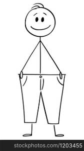 Vector cartoon stick figure drawing conceptual illustration of Slim, thin or skinny man in big trousers. Concept oh healthy lifestyle, diet and losing weight.. Vector Cartoon Illustration of Slim or Thin or Skinny Man after Diet in Big Trousers.