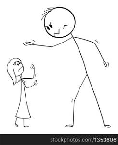Vector cartoon stick figure drawing conceptual illustration of small woman and big man or boss yelling at employee. Couple fight. Concept of relationship.. Vector Cartoon Illustration of Big Man and Small Woman or Boss Yelling at Employee. Concept of Relationship and Couple Fight.