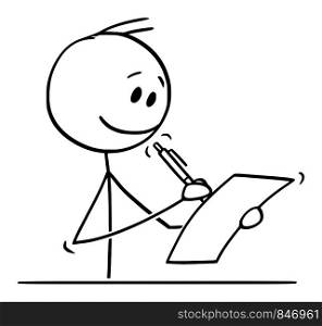 Vector cartoon stick figure drawing conceptual illustration of smiling man or businessman behind desk writing with ballpoint pen on sheet of paper.. Vector Cartoon of Smiling Man or Businessman Writing on Sheet of Paper with Ballpoint Pen