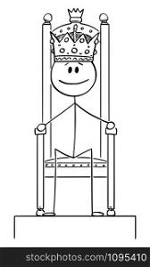 Vector cartoon stick figure drawing conceptual illustration of smiling man or king sitting on royal throne with crown on the head.. Vector Cartoon Illustration of Smiling Man or King Sitting on the Royal Throne