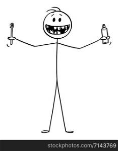 Vector cartoon stick figure drawing conceptual illustration of smiling man showing his bad teeth, and holding tooth brush or toothbrush and tooth paste or tooth paste in hands.. Vector Cartoon Illustration of Smiling Man Showing His Bad Teeth and Holding Tooth Brush or Toothbrush and Paste or Toothpaste in Hands