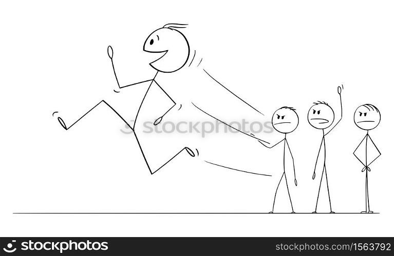 Vector cartoon stick figure drawing conceptual illustration of smiling worker, man or businessman running away from angry crowd or mob or coworkers or job managers. Leaving job, employment concept.. Vector Cartoon Illustration of Smiling Man, Worker or Businessman Running Away From Angry Crowd or Coworkers or Job Managers