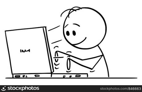 Vector cartoon stick figure drawing conceptual illustration of smiling writer, man or businessman typing or working on computer.. Vector Cartoon of Smiling Man or Businessman Typing or Working on Computer