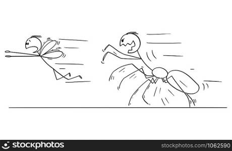 Vector cartoon stick figure drawing conceptual illustration of spider chasing fly and business metaphor of competition and power.. Vector Cartoon Illustration of Spider Chasing Fly as Business Metaphor of Power and Competition