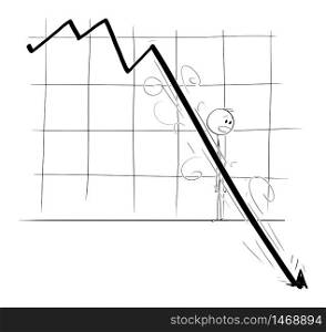 Vector cartoon stick figure drawing conceptual illustration of stock market investor or businessman watching falling financial graph. Concept of depression, recession and crisis.. Vector Cartoon Illustration of Stock Market Investor or Businessman Watching Falling Financial Graph or Chart. Concept of Depression and Crisis