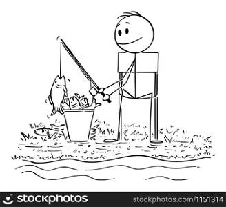 Vector cartoon stick figure drawing conceptual illustration of successful fisherman or man with rod fishing fish on the lake or river bank. Placing a lot of catch in the bucket.. Vector Cartoon Illustration of Successful Fisherman or Man With Rod Fishing Fish on the River or Lake Bank