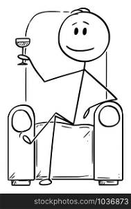 Vector cartoon stick figure drawing conceptual illustration of successful man or businessman or gentleman sitting in chair or armchair with drinking glass in hand.. Vector Cartoon Illustration of Succesful Man or Businessman or Gentleman Sitting in Armchair or Chair with Drinking Glass