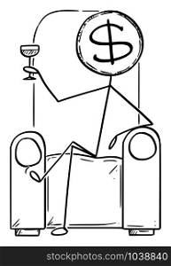 Vector cartoon stick figure drawing conceptual illustration of successful rich man or businessman , with dollar coin instead of head sitting in chair and holding drinking glass.. Vector Cartoon Illustration of Successful Rich Man or Businessman with Dollar Coin Instead of Head Sitting in Chair and Holding Glass