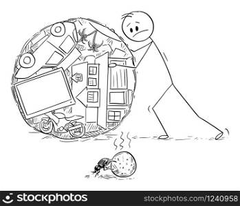 Vector cartoon stick figure drawing conceptual illustration of superficial man or businessman rolling ball of his wealth or property, and watching dung beetle doing the same with excrement.. Vector Cartoon Illustration of Superficial Man or Businessman Rolling Ball of His Property or Wealth and Watching Dung Beetle Doing the Same with Excrement .