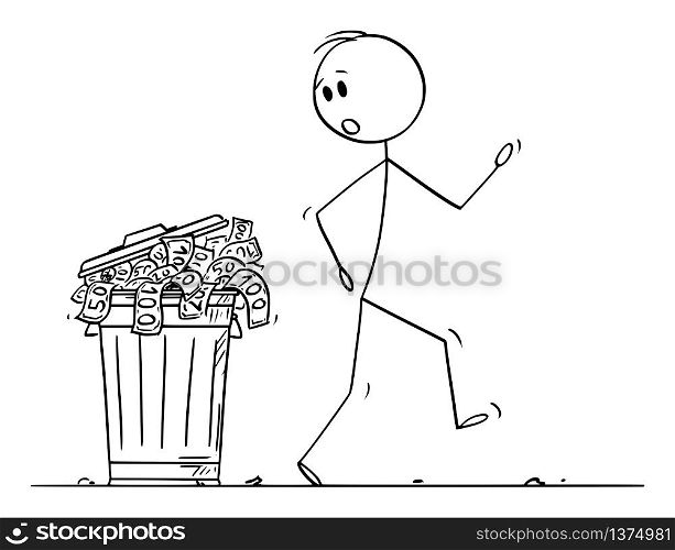 Vector cartoon stick figure drawing conceptual illustration of surprised man or businessman walking around dustbin or garbage can full of money thrown as waste.. Vector Cartoon Illustration of Surprised Man or Businessman Walking Around Garbage Can or Dustbin Full of Money Thrown as Waste