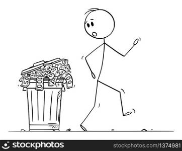 Vector cartoon stick figure drawing conceptual illustration of surprised man or businessman walking around dustbin or garbage can full of money thrown as waste.. Vector Cartoon Illustration of Surprised Man or Businessman Walking Around Garbage Can or Dustbin Full of Money Thrown as Waste