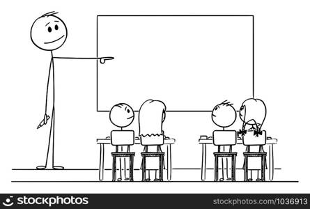 Vector cartoon stick figure drawing conceptual illustration of teacher in classroom with marker in hand pointing at empty whiteboard.. Vector Cartoon Illustration of Teacher in Classroom with Marker in Hand Pointing at Empty Whiteboard