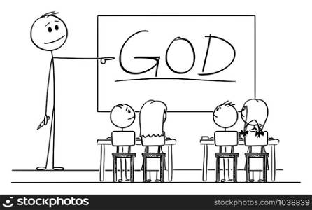 Vector cartoon stick figure drawing conceptual illustration of teacher in classroom with marker in hand pointing at god word written on whiteboard.. Vector Cartoon Illustration of Teacher in Classroom with Marker in Hand Pointing at the God Word on Whiteboard
