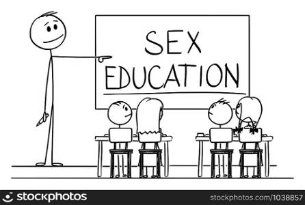 Vector cartoon stick figure drawing conceptual illustration of teacher in classroom with marker in hand pointing at sex education written on whiteboard.. Vector Cartoon Illustration of Teacher in Classroom with Marker in Hand Pointing at the Sex Education Text on Whiteboard