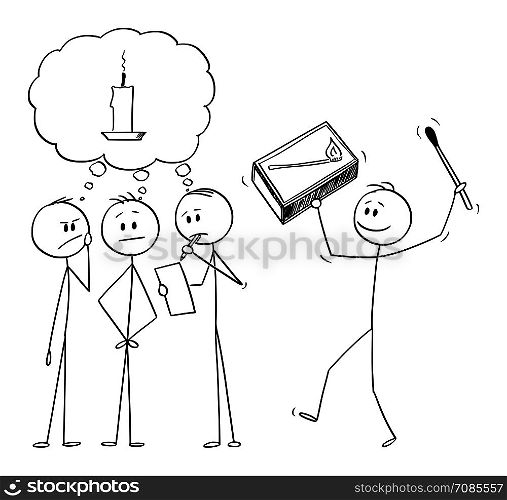 Vector cartoon stick figure drawing conceptual illustration of team of businessmen brainstorming brainstorming and looking for idea. Another man is bringing box of matches and metaphor of idea.. Vector Cartoon of Team of Businessmen Brainstorming for Solution. Another Man is Bringing Matches as Metaphor of Idea