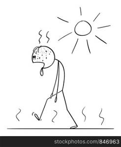 Vector cartoon stick figure drawing conceptual illustration of thirsty and exhausted man walking in sunny day in summer with tongue lolling out.. Vector Cartoon of Man Thirsty Exhausted Man Walking in Summer or Sunny Day