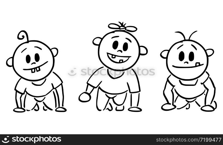 Vector cartoon stick figure drawing conceptual illustration of three cute smiling baby toddlers or babies facing viewer.. Vector Cartoon Illustration of Three Smiling Cute Baby Toddlers Facing Viewer