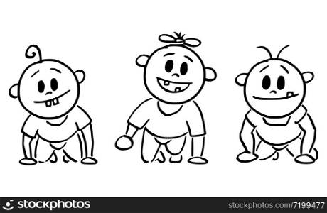Vector cartoon stick figure drawing conceptual illustration of three cute smiling baby toddlers or babies facing viewer.. Vector Cartoon Illustration of Three Smiling Cute Baby Toddlers Facing Viewer