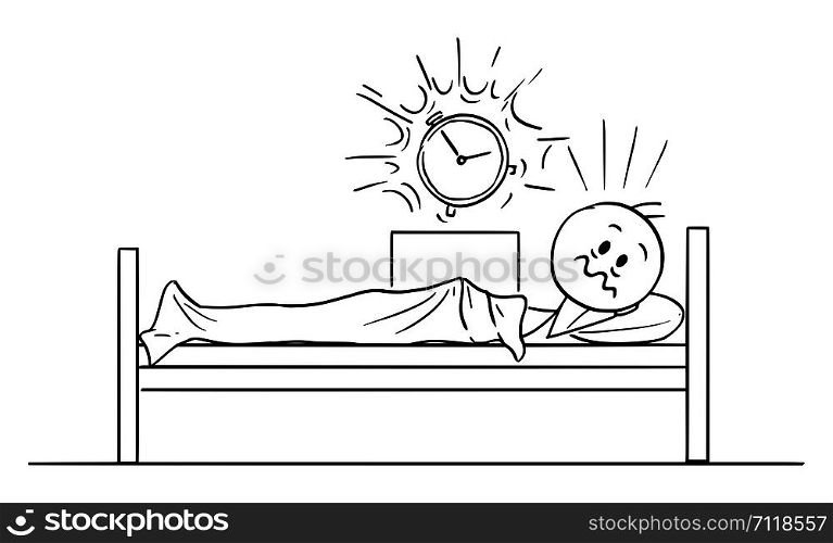 Vector cartoon stick figure drawing conceptual illustration of tired man lying in bed and woken by ringing alarm clock in the early morning.. Vector Cartoon of Tired Man Lying in Bed and Woken by Alarm Clock in the Early Morning