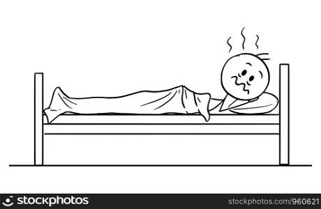 Vector cartoon stick figure drawing conceptual illustration of tired man with insomnia lying in bed in night and can't sleep.. Vector Cartoon Illustration of Tired Man with Insomnia Lying in Bed and Can't Sleep