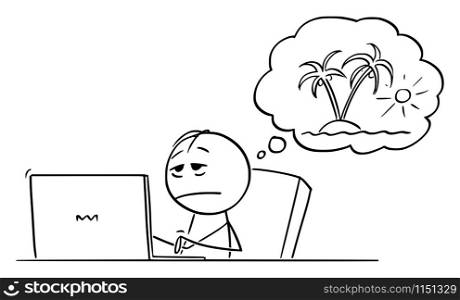 Vector cartoon stick figure drawing conceptual illustration of tired, stressed or overworked man or businessman working on computer and dreaming about vacation on tropical island.. Vector Cartoon Illustration of Tired, Overworked or Stressed Man or Businessman Working on Computer and Dreaming About Vacation