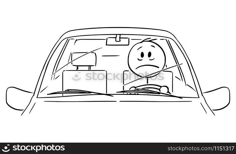 Vector cartoon stick figure drawing conceptual illustration of tired, unhappy,sad or stressed man or driver driving a car. Front view.. Vector Cartoon Illustration of Unhappy or Stressed Man or Driver Driving a Car