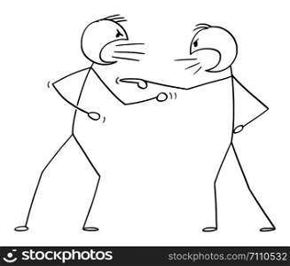 Vector cartoon stick figure drawing conceptual illustration of two angry men arguing or fighting.. Vector Cartoon of Two Angry Men Arguing or Fighting