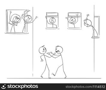 Vector cartoon stick figure drawing conceptual illustration of two angry men fighting or fistfighting on the street, people living in houses around are cheering from windows.. Vector Cartoon Illustration of Two Men Fighting with Fists on the Street, People Living Around Are Cheering from Windows