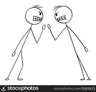 Vector cartoon stick figure drawing conceptual illustration of two angry men or businessmen in fight argument or arguing.. Vector Cartoon Illustration of Two Angry Men or Businessmen in Fight Arguing or Argument