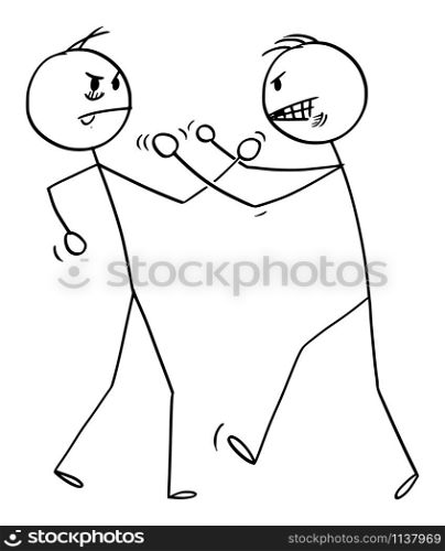 Vector cartoon stick figure drawing conceptual illustration of two angry men or businessmen fighting with fists. Aggression, violence or conflict concept.. Vector Cartoon Illustration of Two Angry Men Fighting with Fists