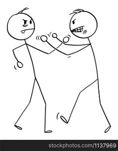 Vector cartoon stick figure drawing conceptual illustration of two angry men or businessmen fighting with fists. Aggression, violence or conflict concept.. Vector Cartoon Illustration of Two Angry Men Fighting with Fists