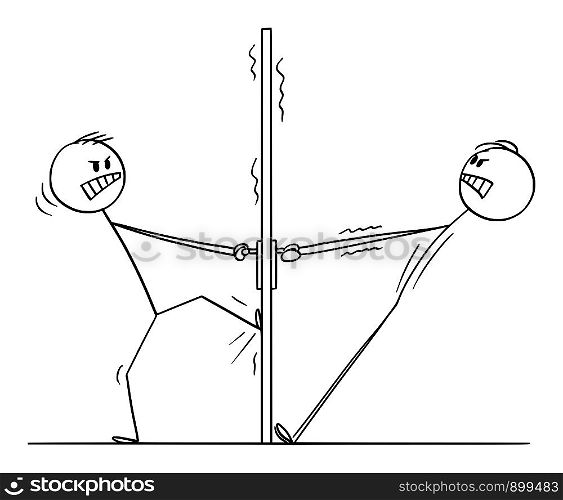 Vector cartoon stick figure drawing conceptual illustration of two angry men or businessmen trying to open the door from both sides and not cooperating.. Vector Cartoon of Two Angry Men or Businessmen Trying to Open the Door from Both Sides