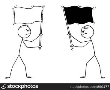 Vector cartoon stick figure drawing conceptual illustration of two angry men, politicians or businessmen holding different flags. Concept of competition and hostility.. Vector Cartoon of Two Angry Men, Politician or Businessmen Holding Different Flags