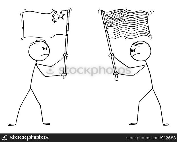 Vector cartoon stick figure drawing conceptual illustration of two angry men, politicians or businessmen holding flags of USA or United States and China. Concept of trade war and conflict.. Vector Cartoon of Two Angry Men, Politician or Businessmen Holding Flags of USA and China