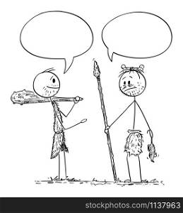 Vector cartoon stick figure drawing conceptual illustration of two cavemen, prehistoric, native or indigenous men having conversation, talking or saying something. There are empty speech bubbles or balloons for your text.. Vector Cartoon Illustration of Two Cavemen, Prehistoric or Native or Indigenous Men Talking or Having Conversation. There Are Empty Speech Bubbles for Your Text.