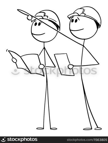 Vector cartoon stick figure drawing conceptual illustration of two construction industry workers or engineers studying plans, pointing and consulting building details.. Vector Cartoon Illustration of Two Construction Industry Workers or Engineers in Helmets Studying Plans and Pointing at Building Details