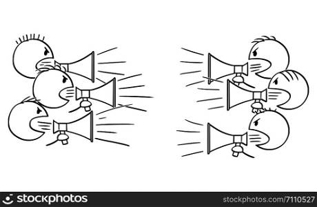 Vector cartoon stick figure drawing conceptual illustration of two groups of people with loudspeakers screaming and fighting.. Vector Cartoon of Two Group of People with Loudspeakers Screaming and Fighting