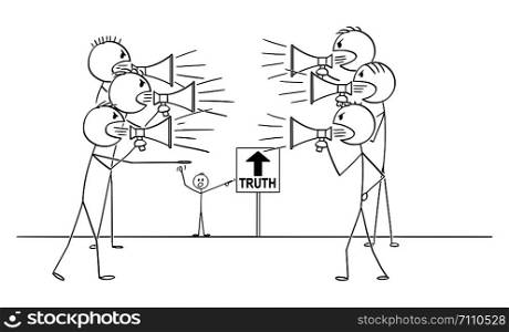 Vector cartoon stick figure drawing conceptual illustration of two groups of people with loudspeakers screaming and fighting. But the are wrong,the truth is elsewhere.. Vector Cartoon of Two Group of People with Loudspeakers Screaming and Fighting for the Truth, but Both Are Wrong