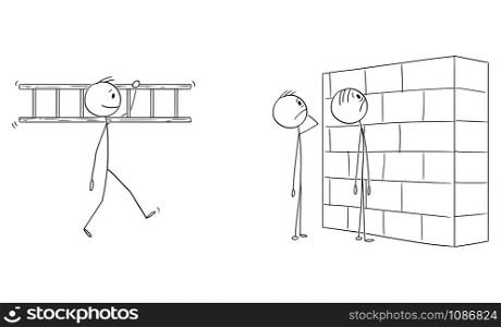 Vector cartoon stick figure drawing conceptual illustration of two helpless or confused men or businessmen watching wall, obstacle in their way. Creative man is carrying ladder.. Vector Cartoon Illustration of Two Helpless or Confused Men or Businessmen Watching the Wall, Obstacle in Their Way. Creative Man is Carrying Ladder.